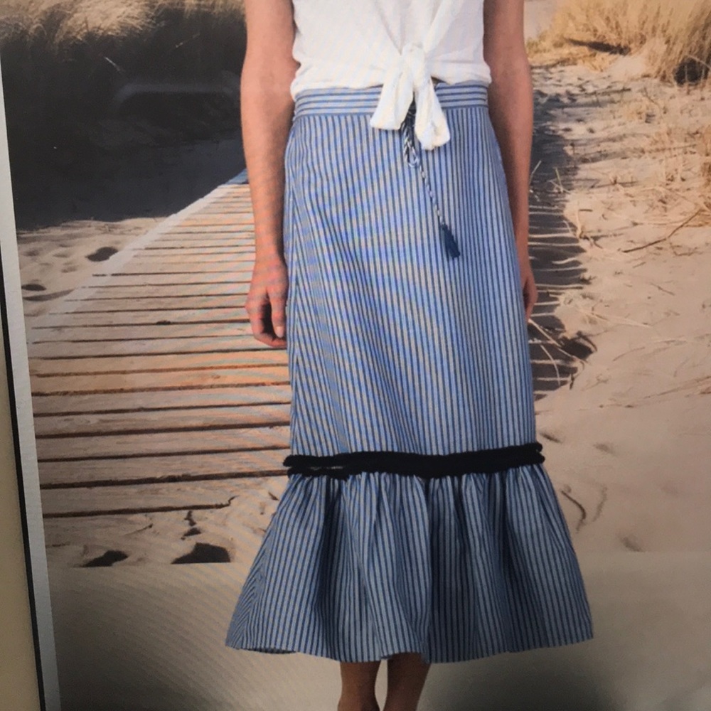 Margaret O'Leary Blue and White Striped Midi Skirt with Black Trim